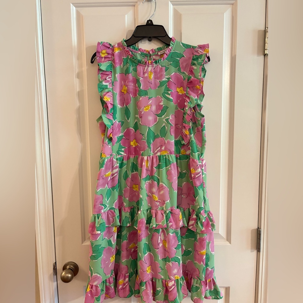 Staccato Green Floral Ruffle Tiered Dress with Pink Flowers